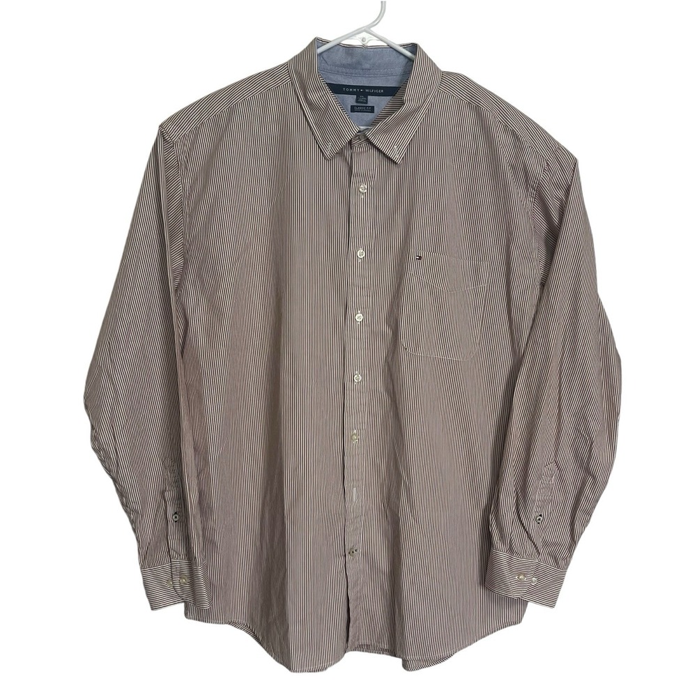Tommy Hilfiger Mens Classic Fit‎ Long Sleeve Button Down Shirt Brown Stripe  XXL